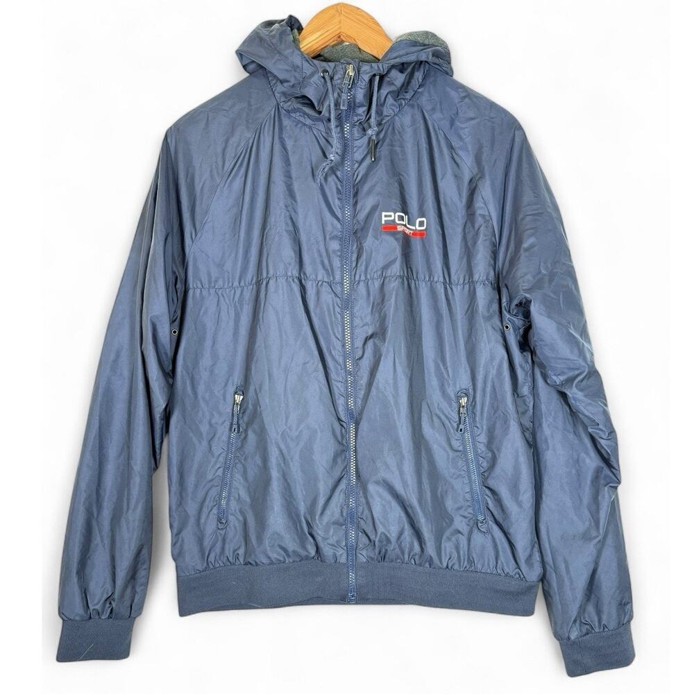 Polo Sport Ralph Lauren Mens L Nylon Full Zip Lined Hooded Windbreaker Blue